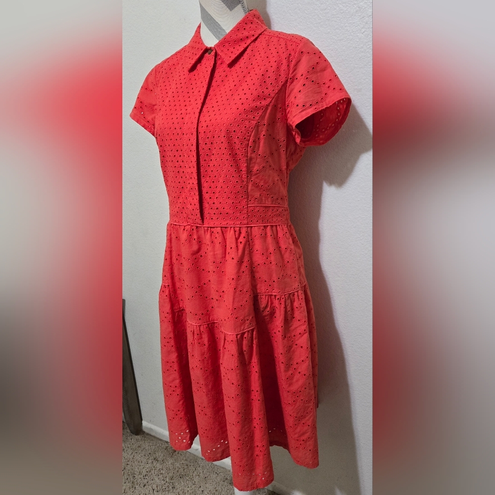 ​DVF Diane von Furstenberg Skylar Eyelet Tiered Mini Dress Ocean Coral Size 10 - Picture 5 of 16